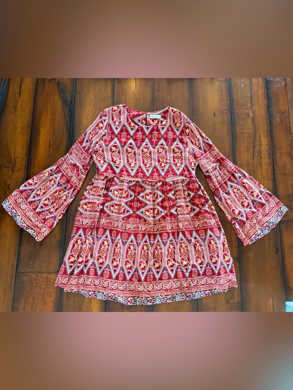 Sugarlips Red Patterned Bell Sleeve Mini Dress